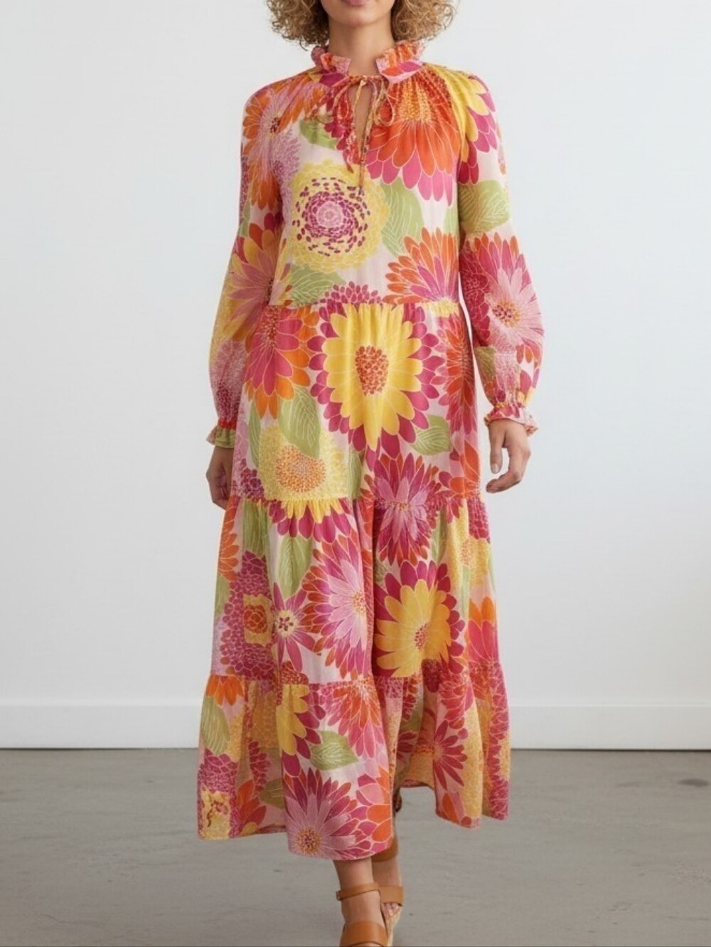 J. Marie Leilani Maxi Long Sleeve Dress Floral Pink And Orange Print Boutique S